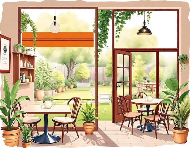 a cartoon illustration of a patio with a table and chairs