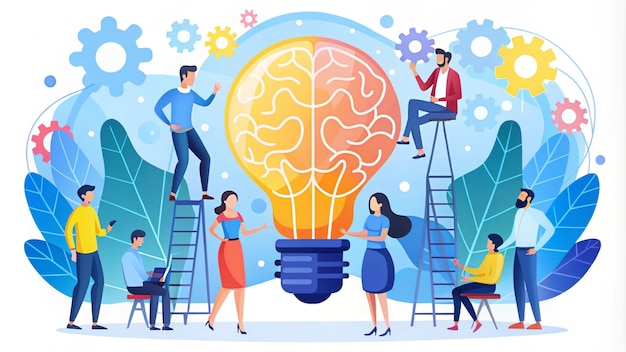 a cartoon illustration of people climbing up a ladder with the word brain on it