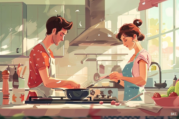 a cartoon illustration of people cooking in a kitchen