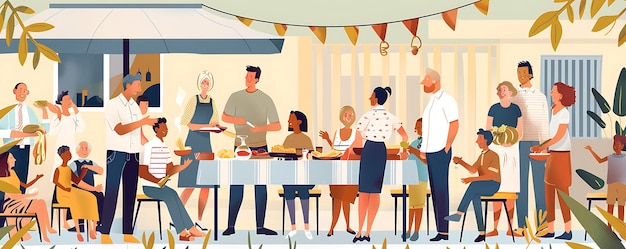 Photo a cartoon illustration of people eating at a restaurant