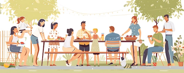 Photo a cartoon illustration of people eating at a table with a man and woman sitting at the table