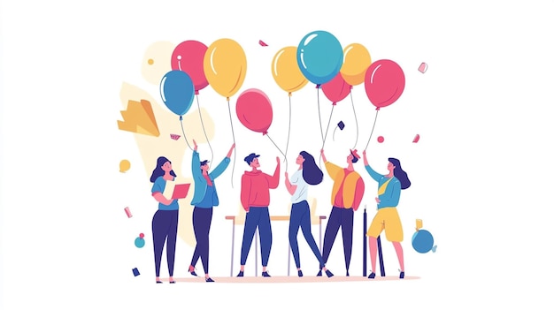 Photo a cartoon illustration of people holding balloons with one saying quot happy birthday quot