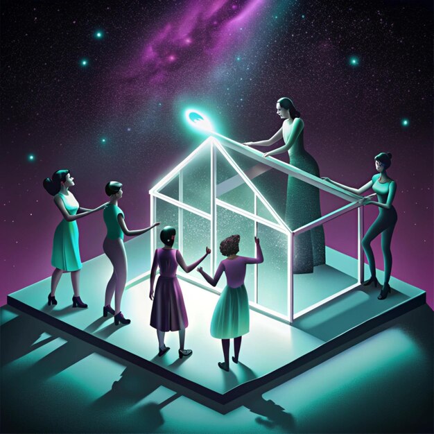 Photo a cartoon illustration of people in a house with a star that says quot the word quot on it