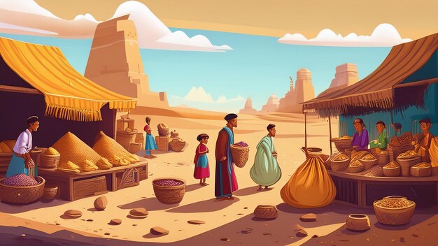 Photo a cartoon illustration of people selling food in a desert