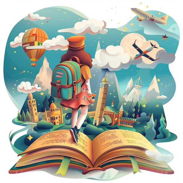 a cartoon illustration of a person with a backpack and a book with the words  the world