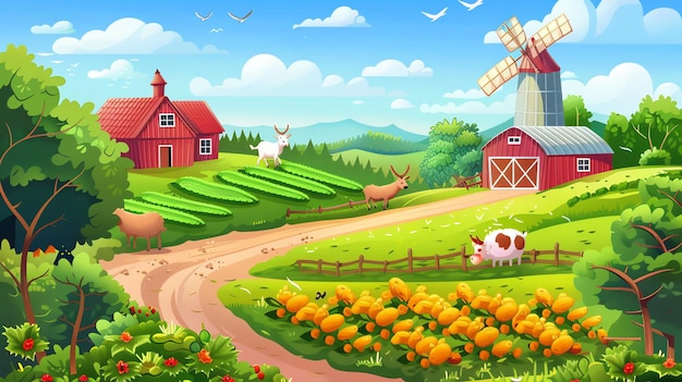 Photo a cartoon illustration of a picturesque farm scene with a red barn a windmill and grazing animals