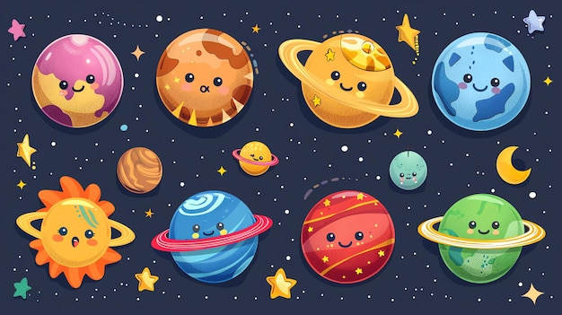 Photo a cartoon illustration of planets with cute faces and rings in space