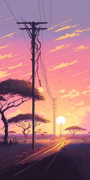 A cartoon illustration of a power pole with a sunset in the background.