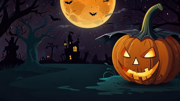 a cartoon illustration of a pumpkin with a full moon behind it