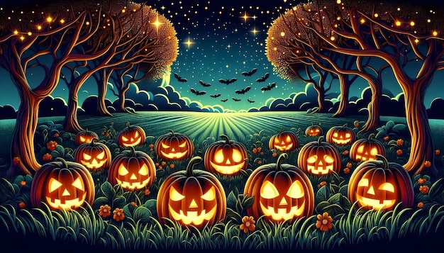 a cartoon illustration of pumpkins in the grass with bats flying around them