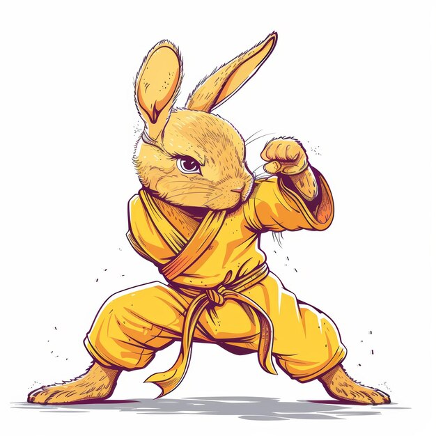 Photo a cartoon illustration of a rabbit wearing a yellow karate uniform and striking a fighting pose