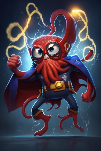 Cartoon illustration of a red octopus dressed as superhero generative ai