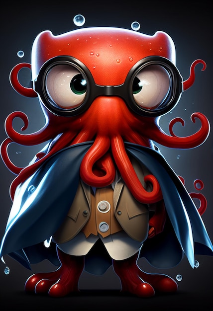 Cartoon illustration of a red octopus wearing cape and glasses generative ai