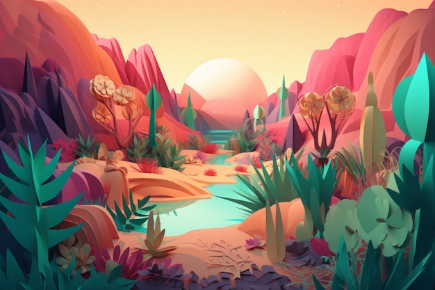 A cartoon illustration of a river in the desert.