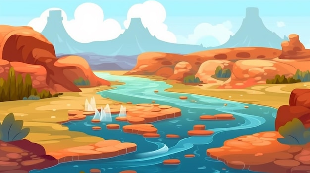 A cartoon illustration of a river running through a desert landscape generative ai