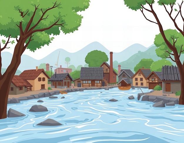 Photo cartoon illustration of a river running through a small town with houses and trees