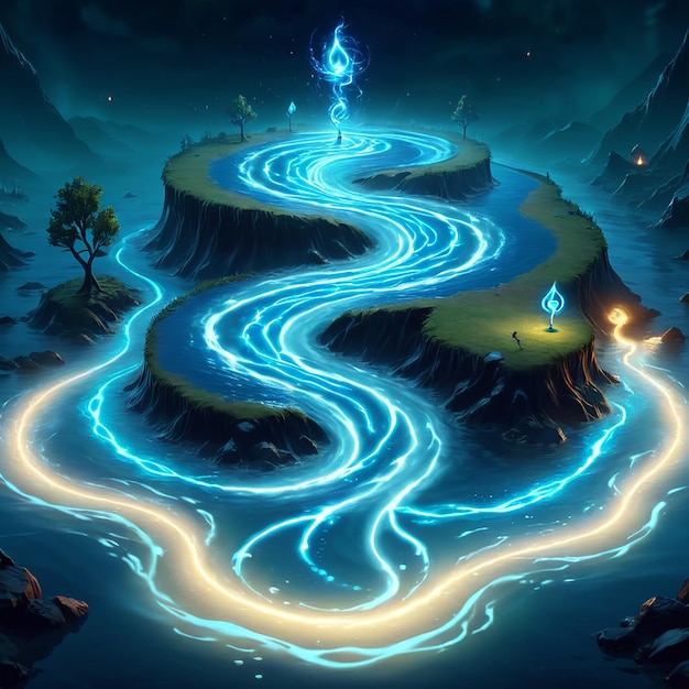 a cartoon illustration of a river with a blue snake on it