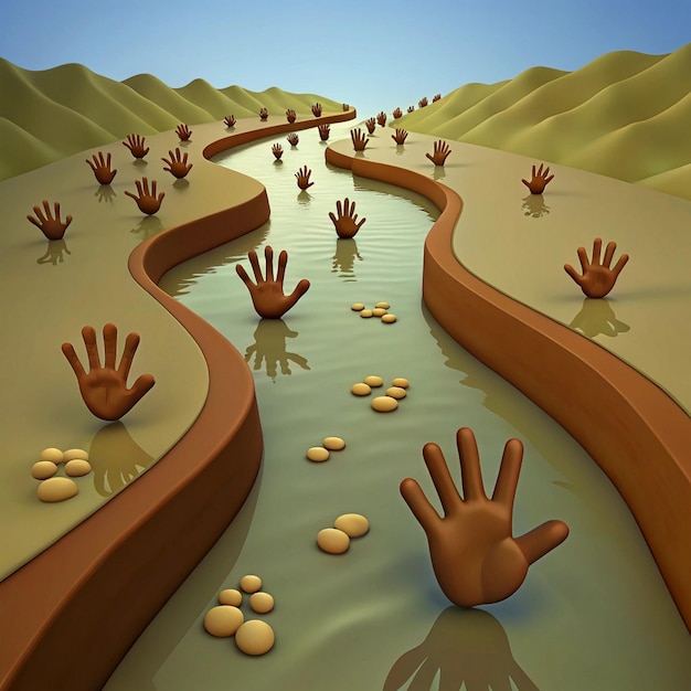 a cartoon illustration of a river with hand prints of hands and hands in the sand