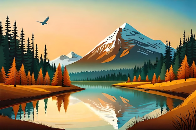 A cartoon illustration of a river with a mountain in the background