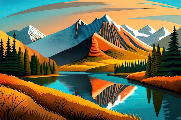 A cartoon illustration of a river with a mountain in the background