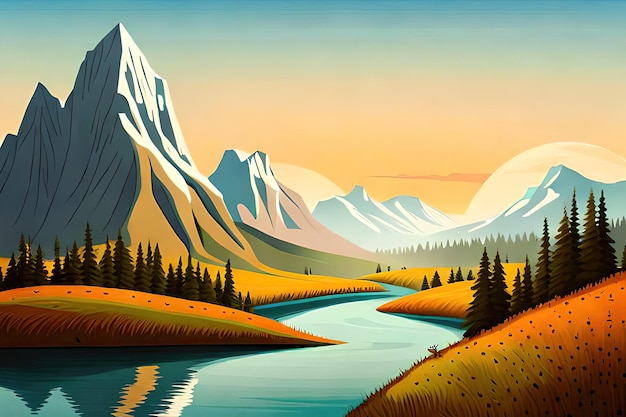 A cartoon illustration of a river with a mountain in the background