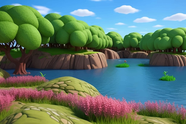 Photo a cartoon illustration of a river with trees and grass