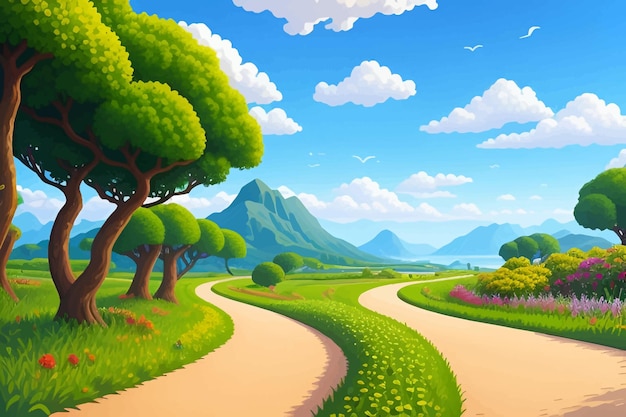 a cartoon illustration of a road with a road and trees