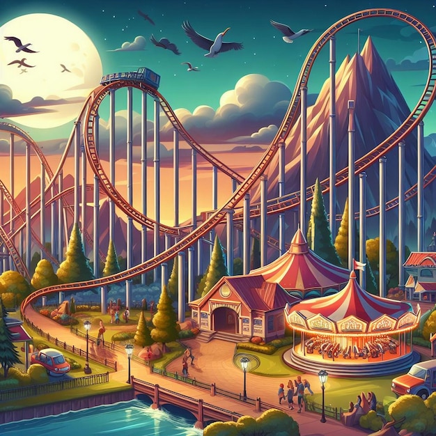 a cartoon illustration of a roller coaster with a roller coaster in the background