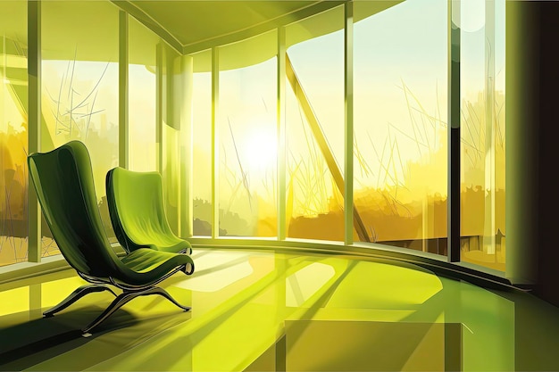 A cartoon illustration of a room with a window and a green chair in the foreground.