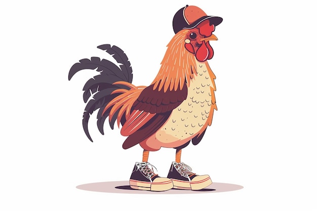 cartoon illustration of a rooster wearing a baseball cap and sneakers generative ai