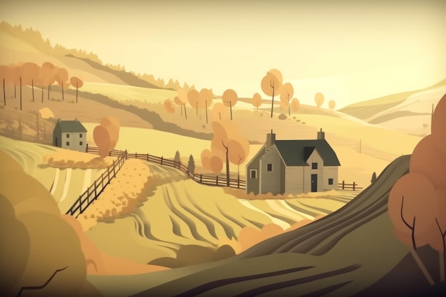 A cartoon illustration of a rural landscape with a house and trees.