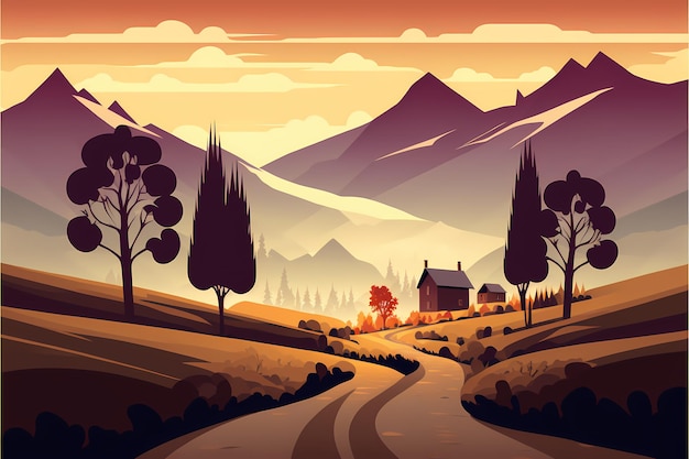 A cartoon illustration of a rural landscape with mountains and trees.