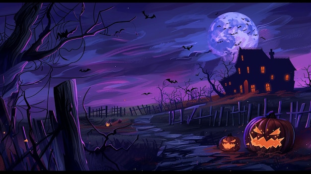 a cartoon illustration of a scary house with bats flying in the sky