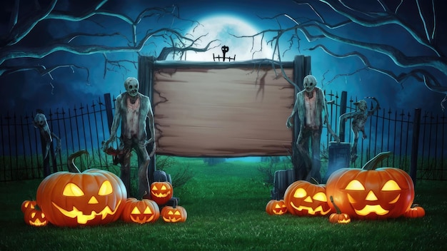 a cartoon illustration of a scary scene with pumpkins and a sign that says  scary