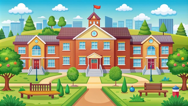 a cartoon illustration of a school building with a view of the city