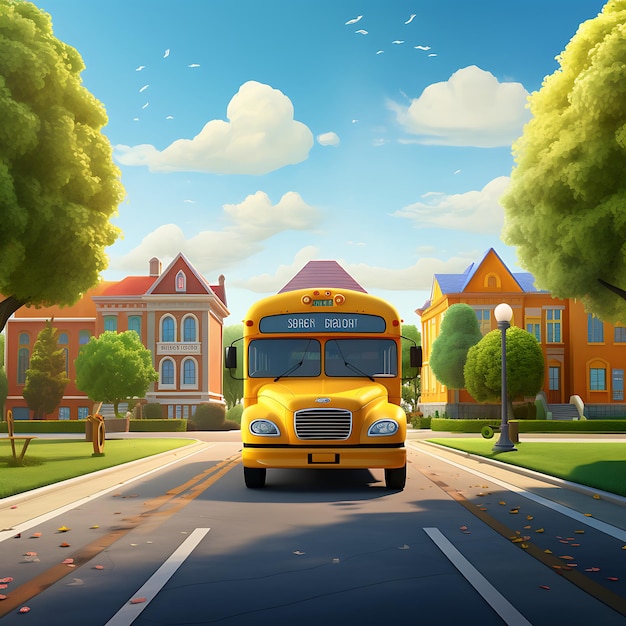 A cartoon illustration of a school bus driving down a street.