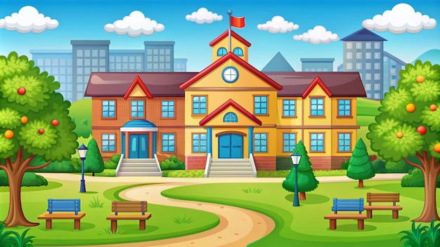 a cartoon illustration of a school with a bench and a bench