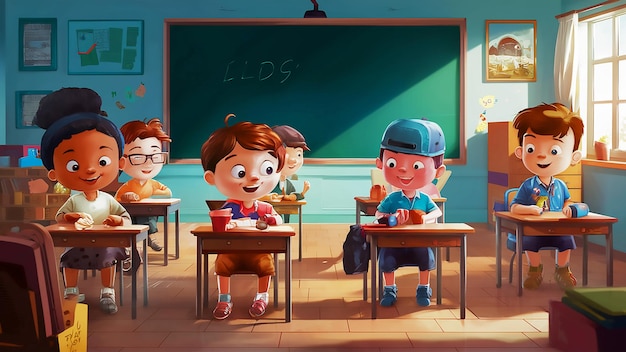 a cartoon illustration of a school with a boy and a girl in a blue shirt