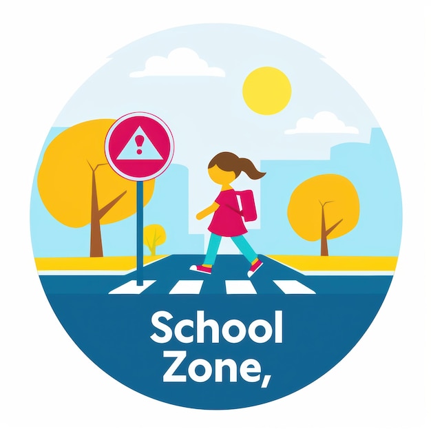 Photo cartoon illustration of a schoolgirl with a backpack crossing the street in a school zone