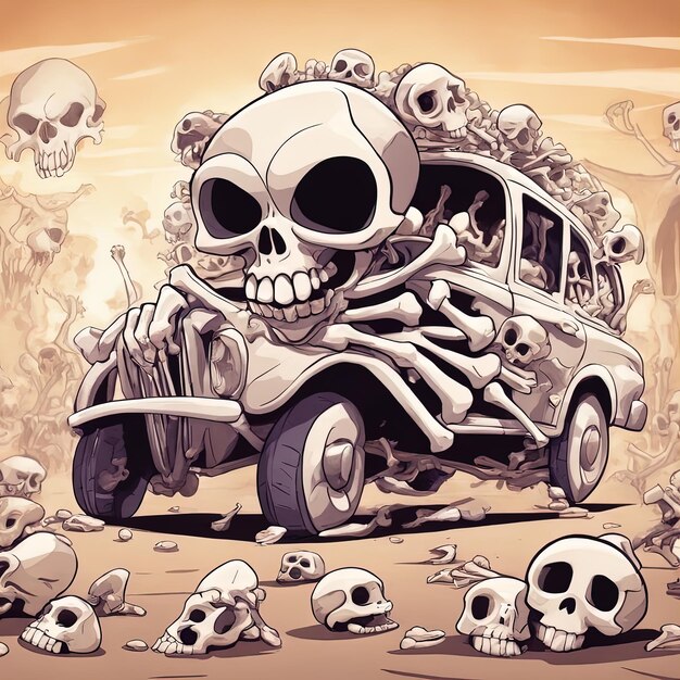 cartoon illustration of an skull with a lot of skulls and a carskull with a lot of cars