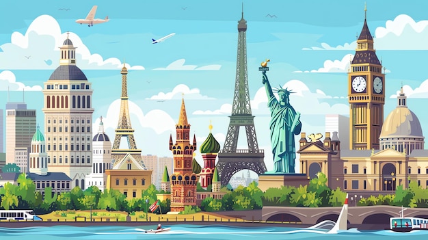 A cartoon illustration of a skyline with famous landmarks from different countries