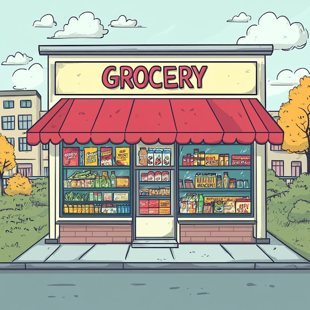 Photo cartoon illustration of a small grocery store