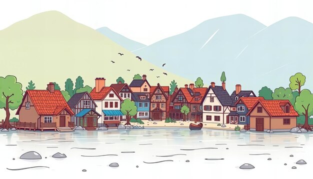 Photo cartoon illustration of a small town by the water with a boat