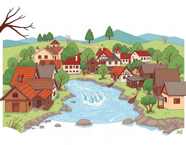 Photo cartoon illustration of a small town with a river running through it