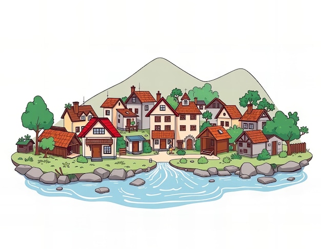 Photo cartoon illustration of a small town with a river running through it