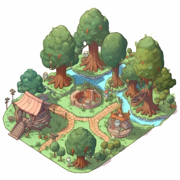 a cartoon illustration of a small village surrounded by trees generative ai