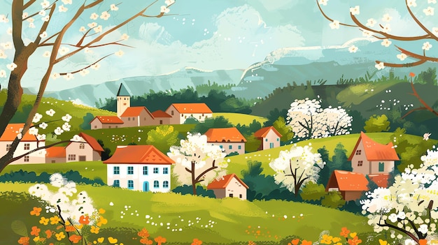 A cartoon illustration of a small village in a valley surrounded by trees and flowers