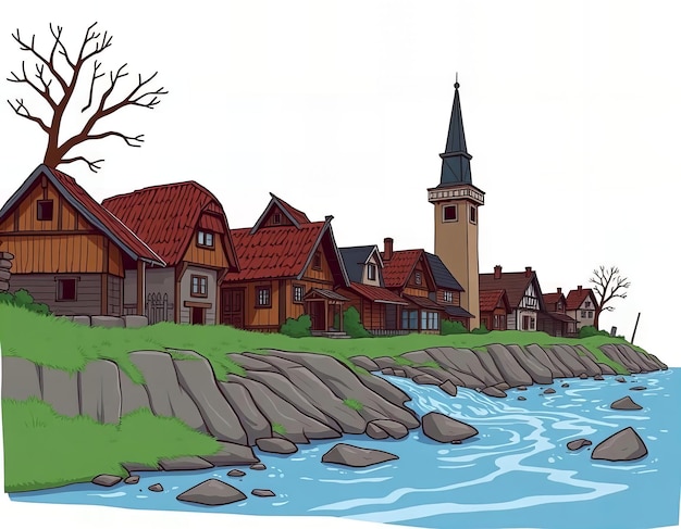 Photo cartoon illustration of a small village with a river running through it