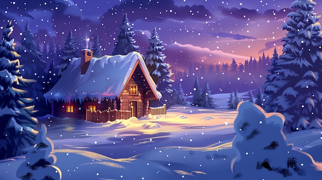 A cartoon illustration of a snowy cabin in the woods at night