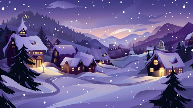 A cartoon illustration of a snowy village at night with the aurora borealis shining in the sky